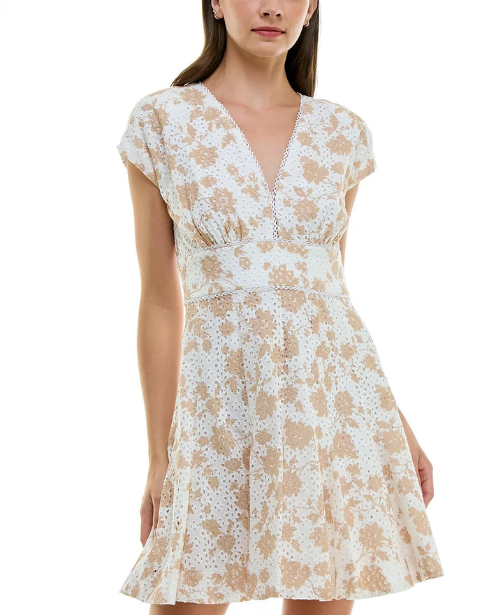 Taylor Printed Cotton Eyelet V-Neck Dress MSRP $128