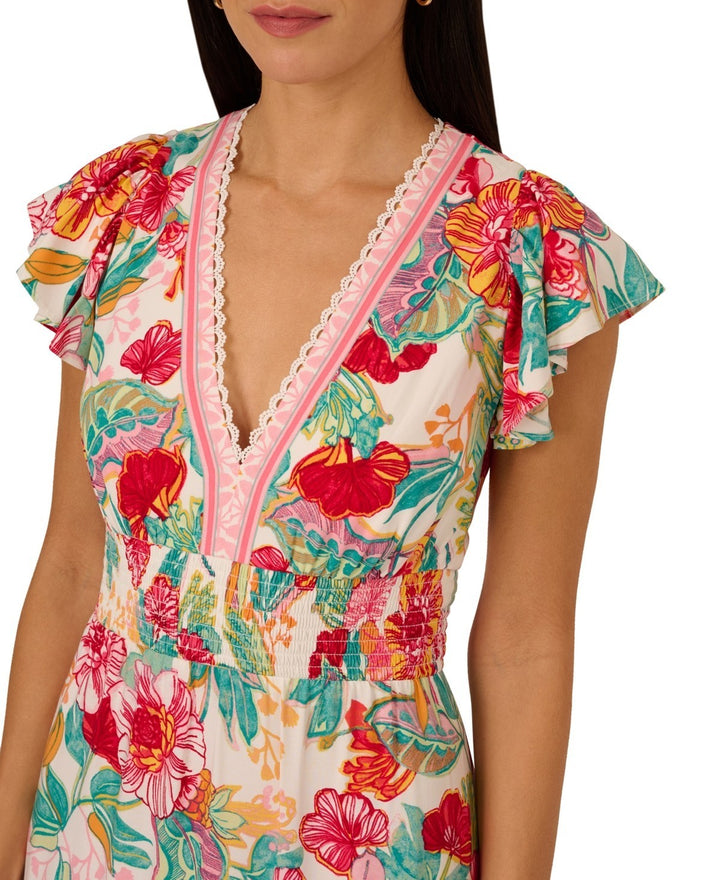 Adrianna Papell Women's Smocked-Waist Flutter-Sleeve Dress MSRP $149