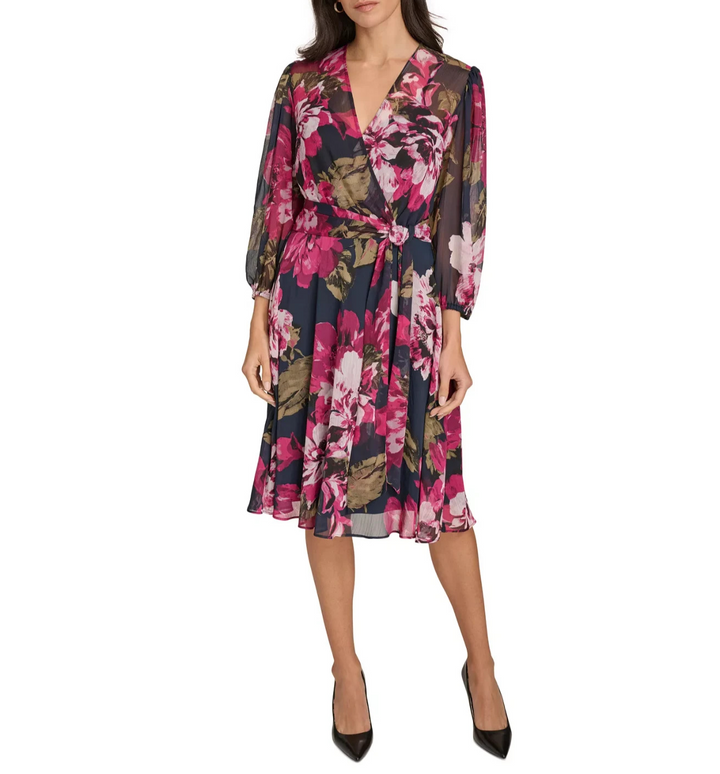 Calvin Klein Petite Floral-Print A-Line Wrap Dress MSRP $149