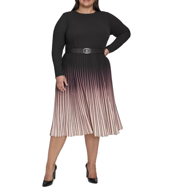 DKNY Plus Size Ombré Belted Pleated-Skirt Long-Sleeve Dress MSRP $169