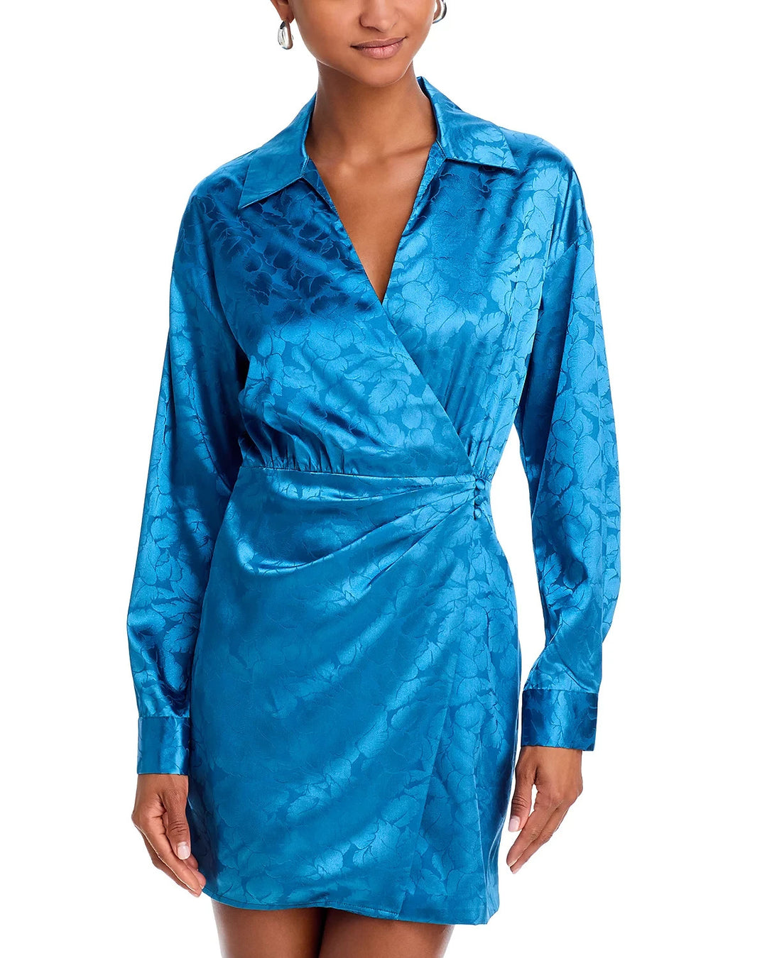AQUA Satin Wrap Front Long Sleeve Mini Dress MSRP $88