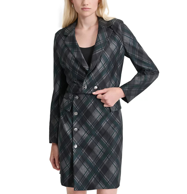 DKNY Petite Plaid-Print Notch-Collar Blazer Dress MSRP $144