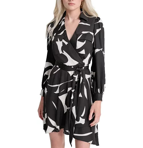 DKNY Printed Tie-Waist Collared Camp Shirtdress MSRP $139