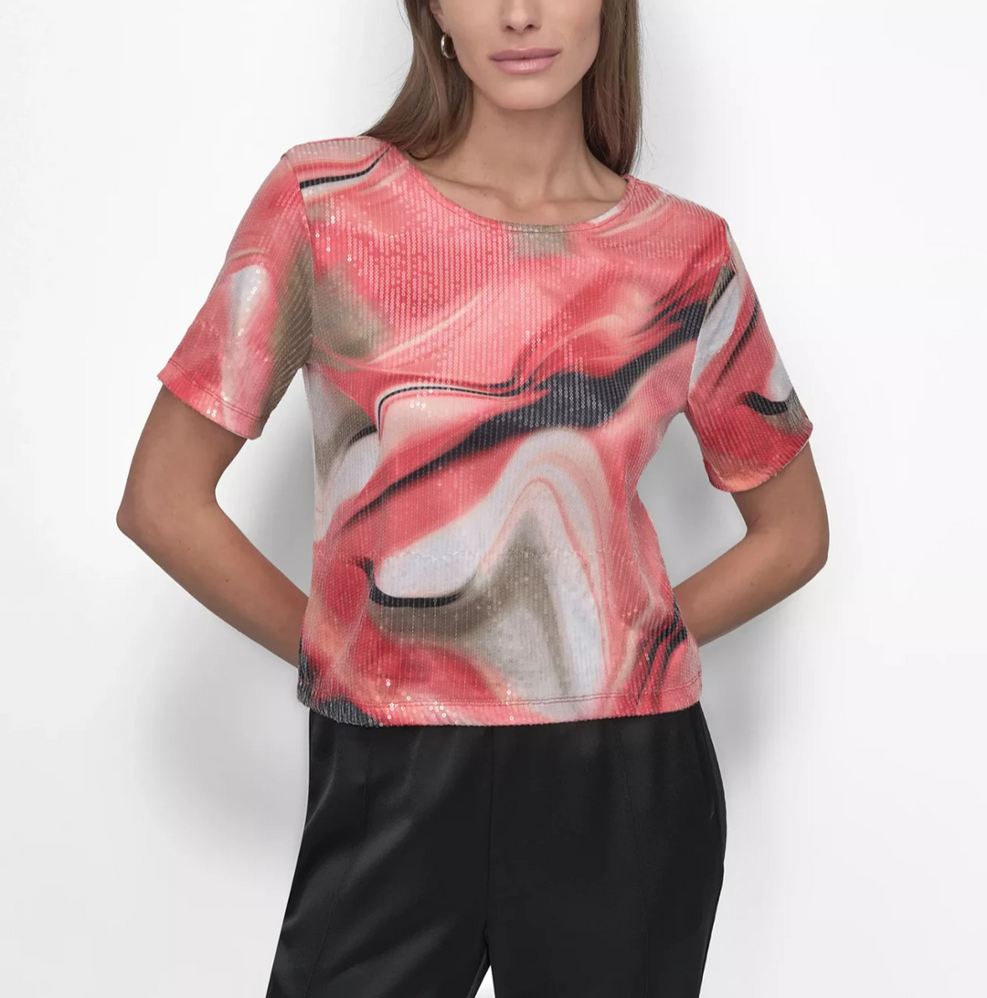 DKNY Women's Short-Sleeve Printed Knit Sequin Top MSRP $79