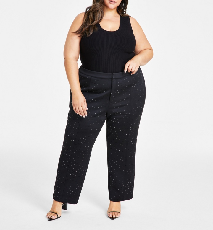Nina Parker Trendy Plus Size Studded Scuba Straight-Leg Pants MSRP $99