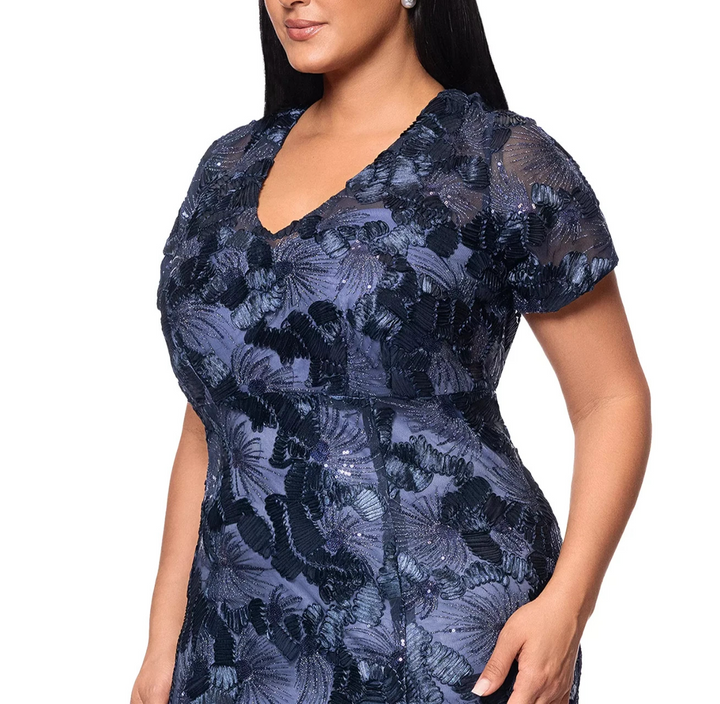 Betsy & Adam Floral Sequin V-Neck Sheath Gown MSRP $329