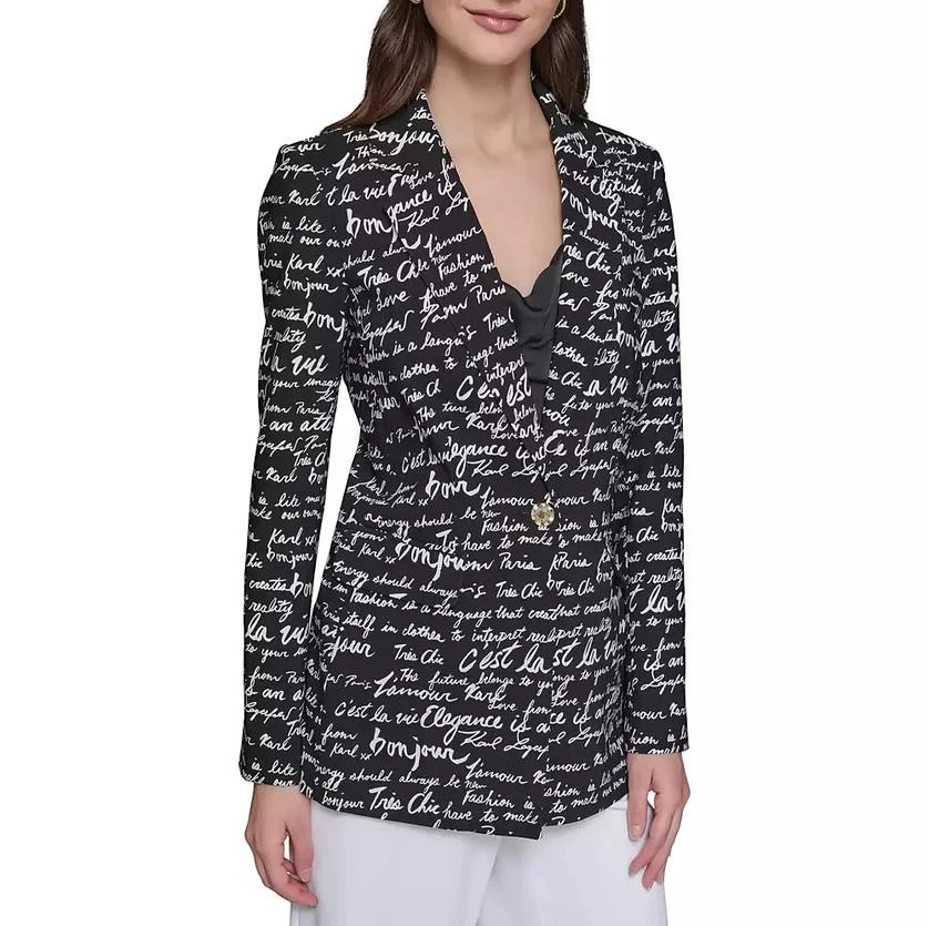 Karl Lagerfeld Paris Women's Printed Script Blazer - Black White MSRP $189