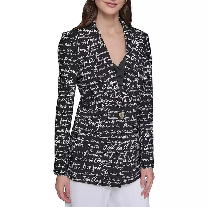 Karl Lagerfeld Paris Women's Printed Script Blazer - Black White MSRP $189
