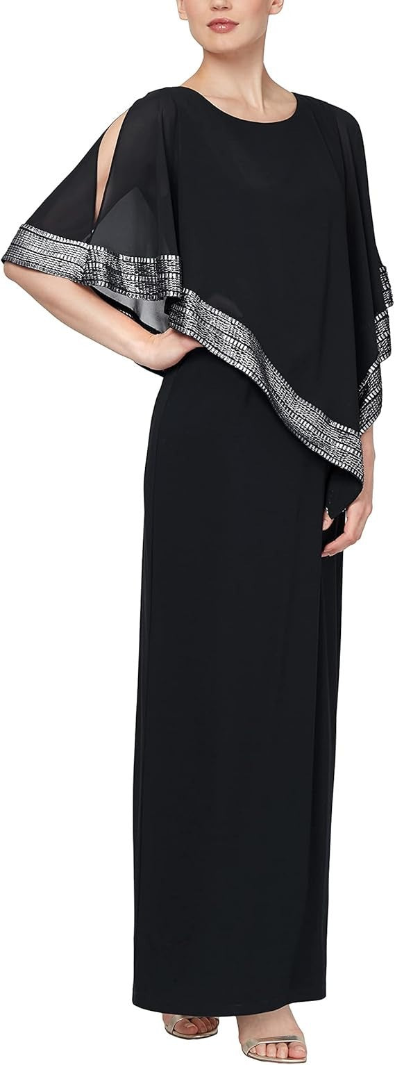 SL Fashions Petite Asymmetric Cape Overlay Gown MSRP $129