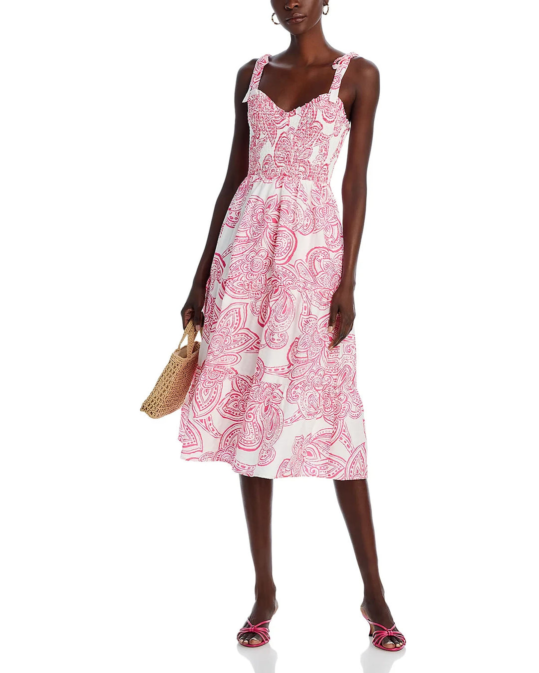 AQUA Smocked Tie Shoulder Midi Dress MSRP $118