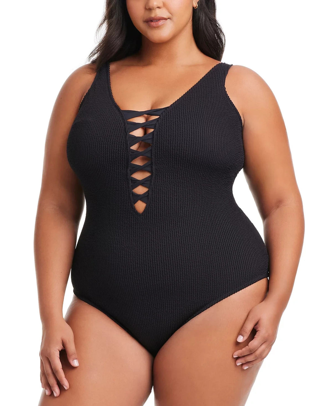Bleu by Rod Beattie Plus Size Pucker Up Lace-Down Swimsuit MSRP $135