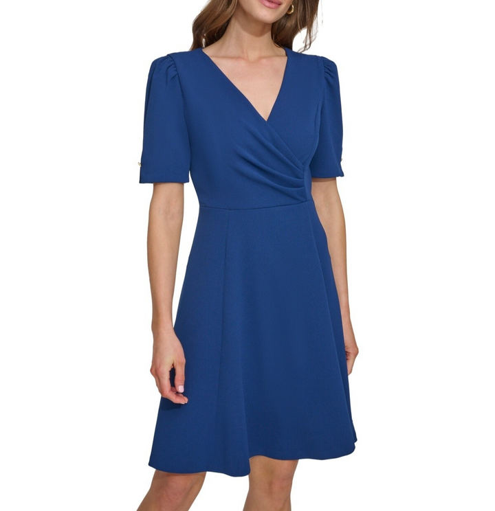 DKNY Draped-Front Puff-Shoulder A-Line Dress MSRP $119