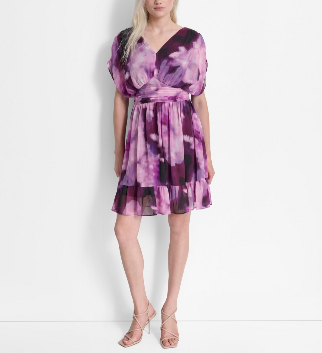 DKNY Women's Printed Ruched-Waist Blouson-Sleeve Dress MSRP $168