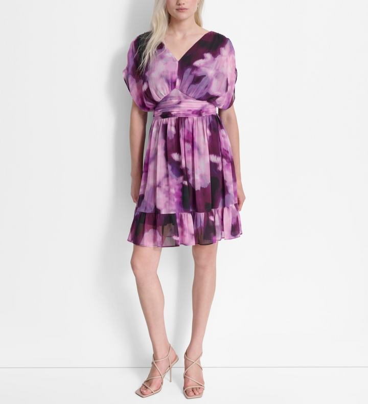 DKNY Women's Printed Ruched-Waist Blouson-Sleeve Dress MSRP $168