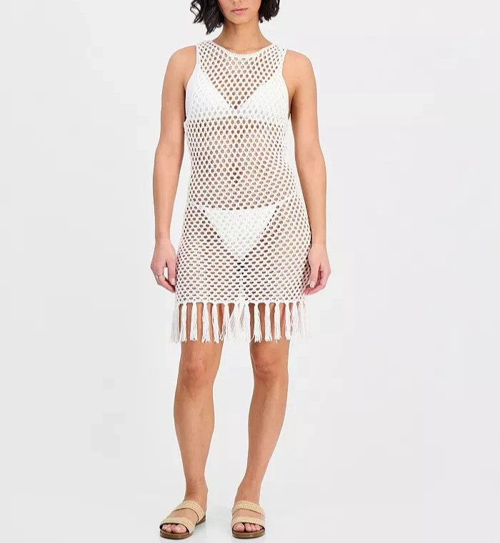 Miken Juniors' Mesh Fringe-Hem Tank Dress Swim Cover-Up MSRP $32