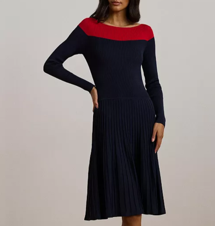 Lauren Ralph Lauren Two-Tone Pointelle-Knit Dress MSRP $265