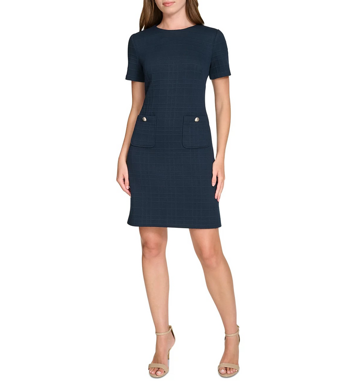 Tommy Hilfiger Petite Grid-Knit Short-Sleeve Shift Dress MSRP $99