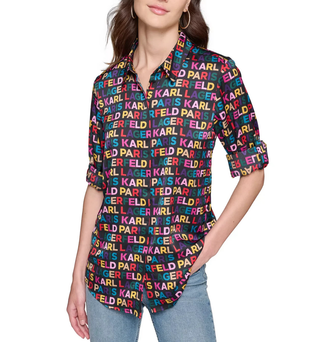 KARL LAGERFELD PARIS Women's Printed Utility Button-Front Top MSRP $79
