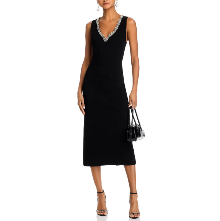 SIMKHAI Khari Rhinestone Trim Midi Dress MSRP $595