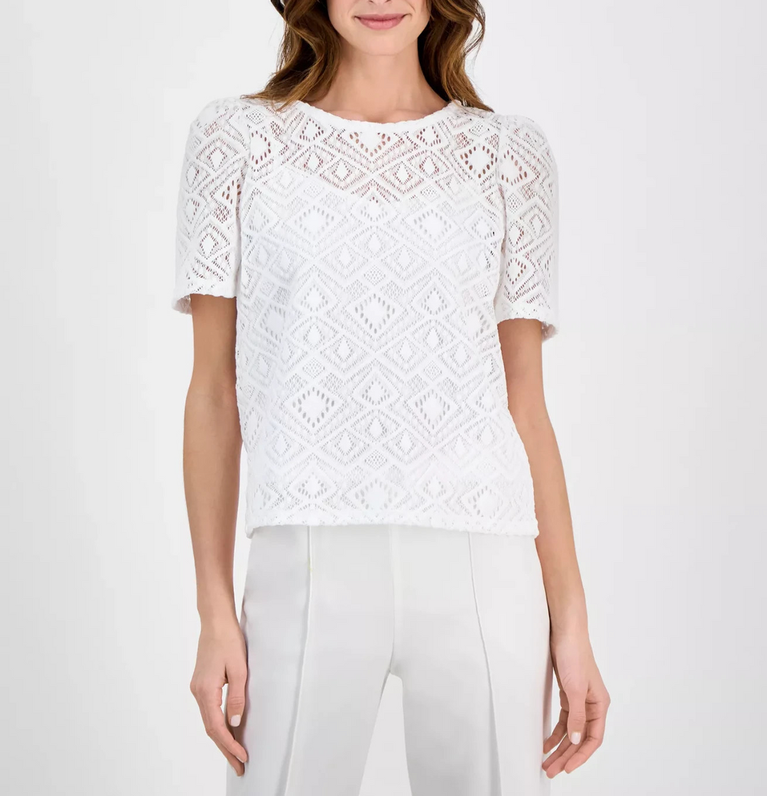Anne Klein Women's Short-Sleeve Lace Overlay Blouse MSRP $89
