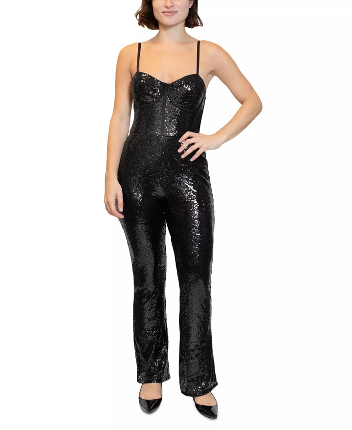 Almost Famous Crave Fame Juniors' Bustier Flare-Leg Sequin Jumpsuit