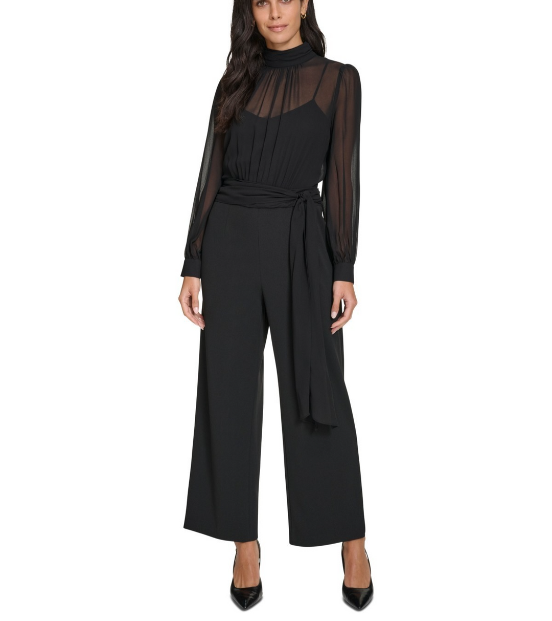 Calvin Klein Mock-Neck Chiffon-Top Straight-Leg Jumpsuit MSRP $159