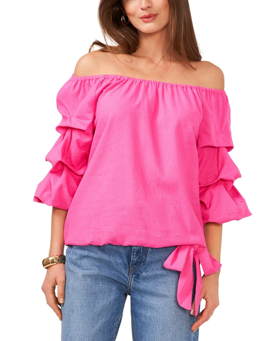 Vince Camuto Linen-Blend Off The Shoulder Bubble Sleeve Tie Front Blouse $69