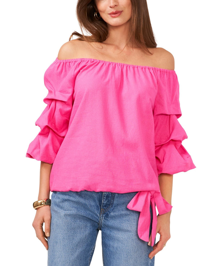 Vince Camuto Linen-Blend Off The Shoulder Bubble Sleeve Tie Front Blouse $69