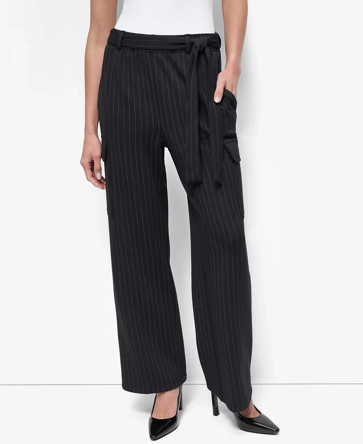 DKNY Pinstripe Tie-Waist Wide-Leg Cargo Pants MSRP $99