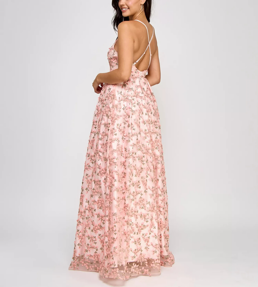 BCX Juniors' 3D Floral Deep V-Neck Open-Back Gown MSRP $199