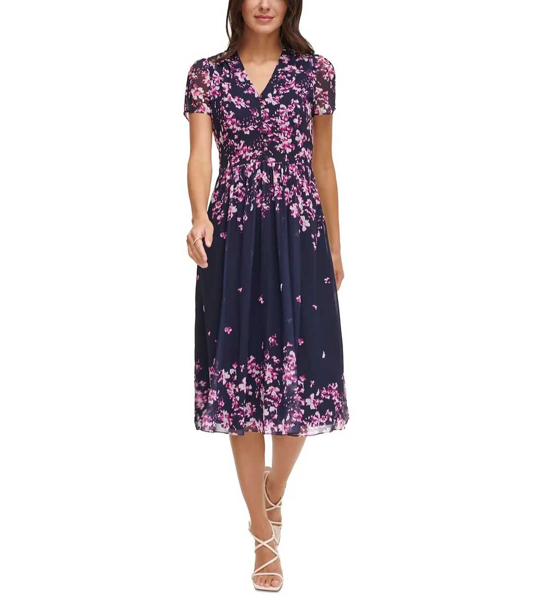 DKNY Petite V-Neck Crinkle-Chiffon Midi Dress MSRP $139