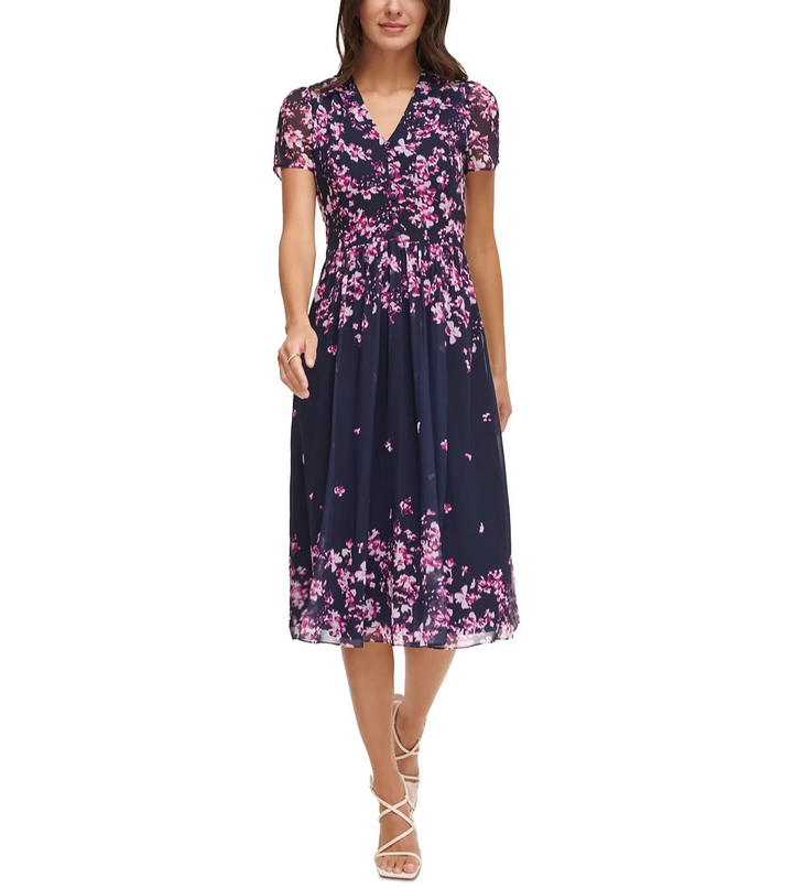 DKNY Petite V-Neck Crinkle-Chiffon Midi Dress MSRP $139