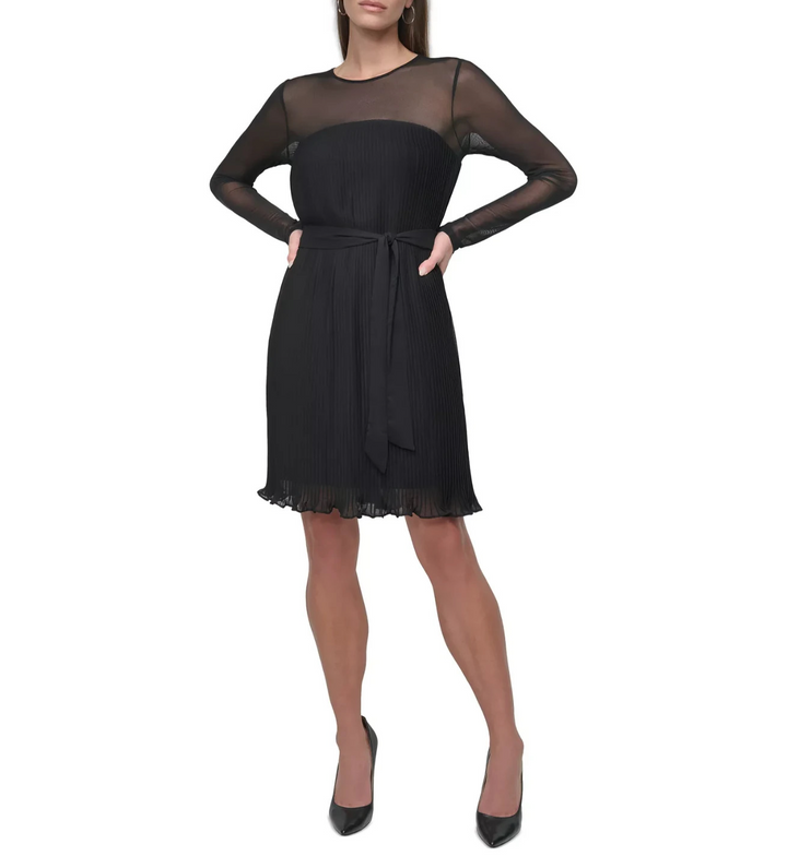 DKNY Petite Jewel-Neck Belted A-Line Pleated Mesh Dress MSRP $139