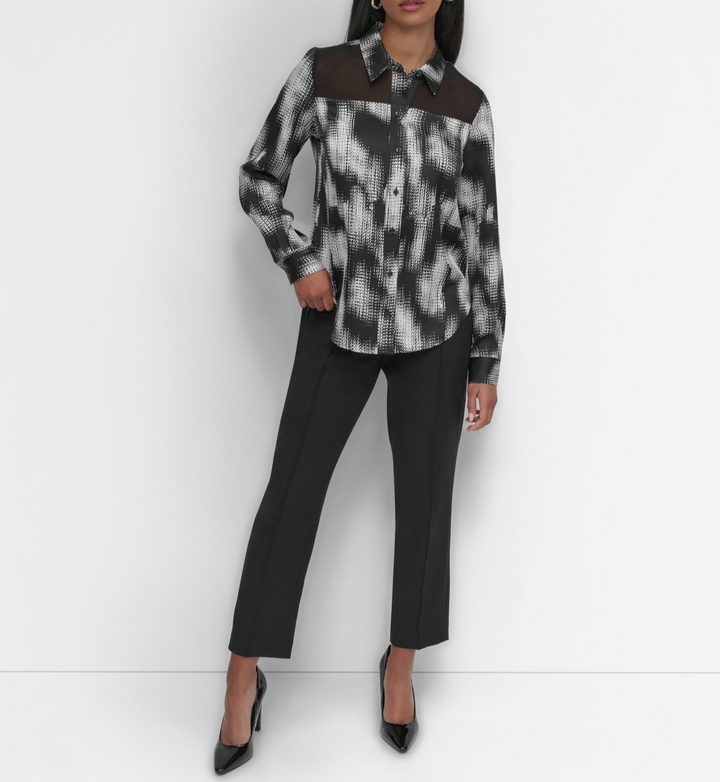 DKNY Women's Sheer-Yoke Abstract-Print Blouse MSRP $89