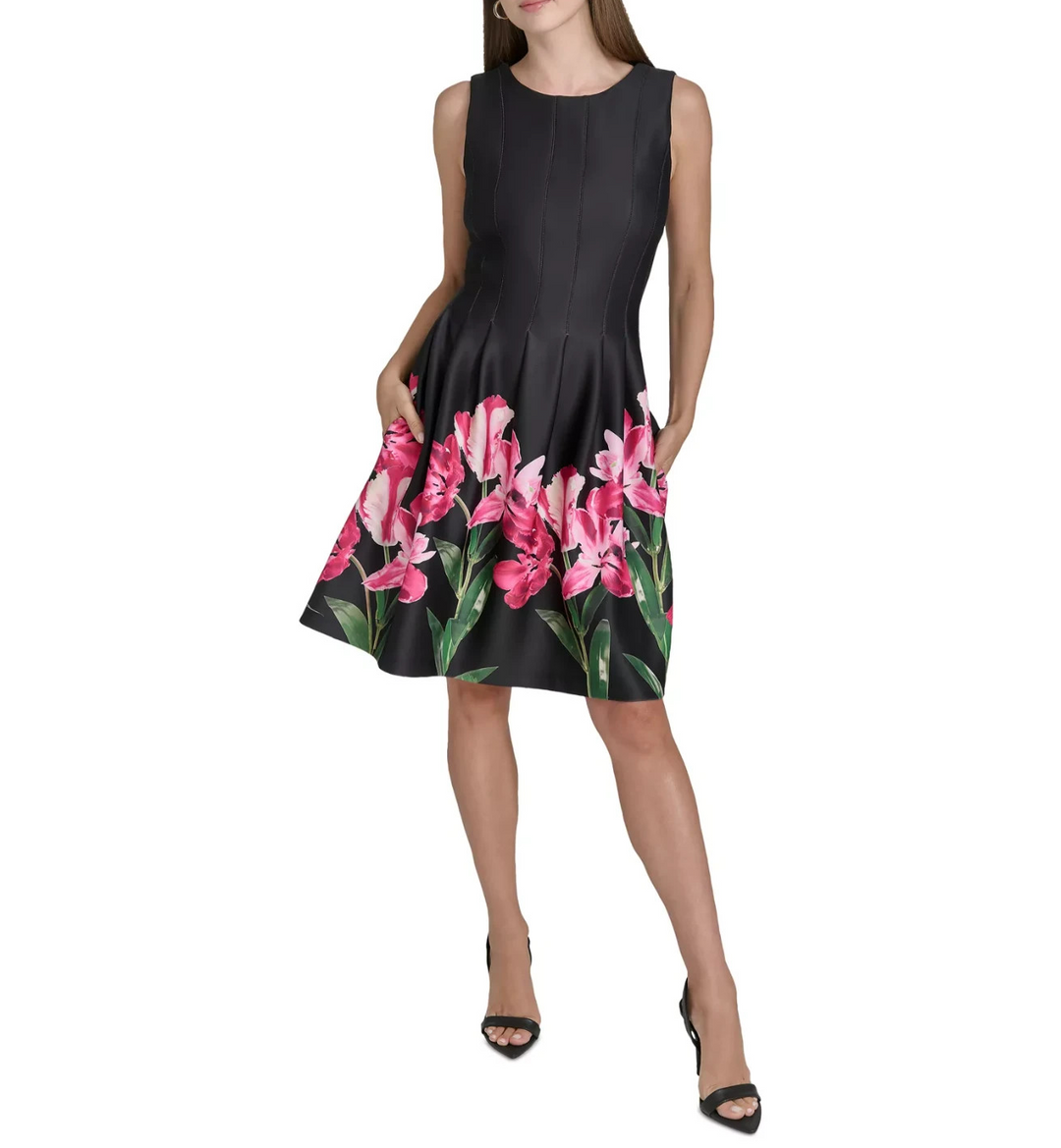 Halston Women's Floral-Print Pleated Fit & Flare Dress MSRP $139