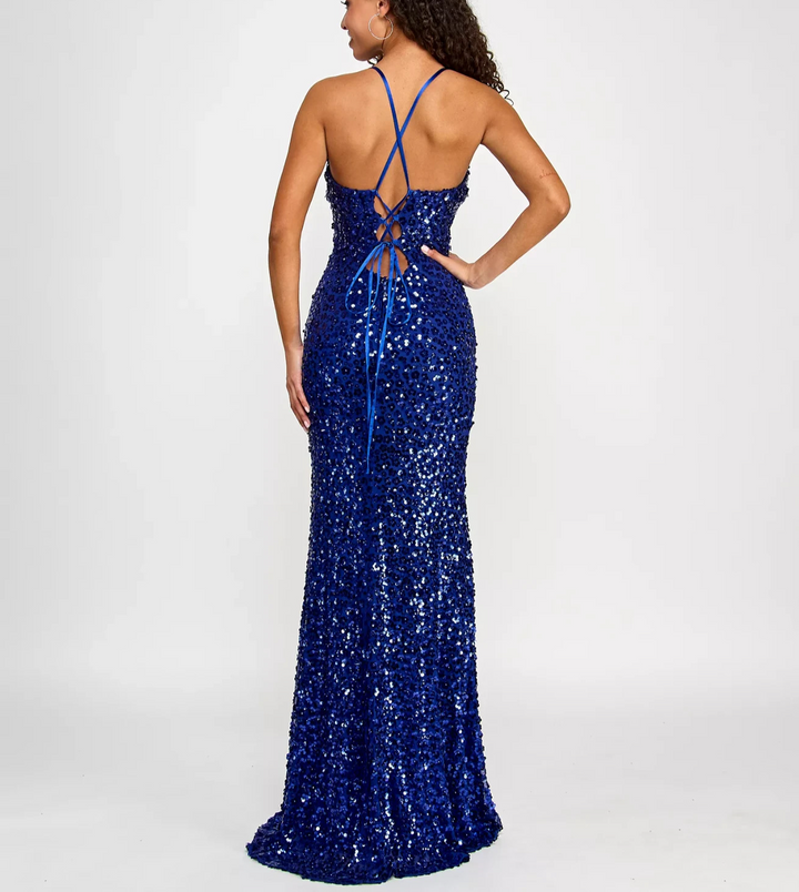 Crystal Doll Juniors' Floral Sequin V-Neck Sleeveless Gown
