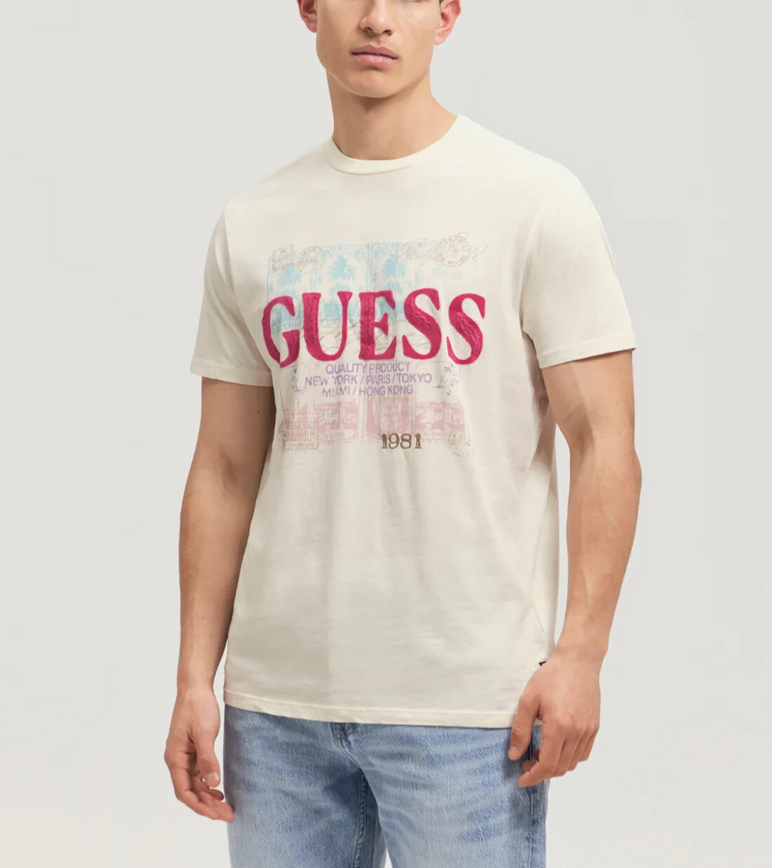 GUESS MEN Eco Beige World Stamps T-shirt MSRP $39 Size XXL