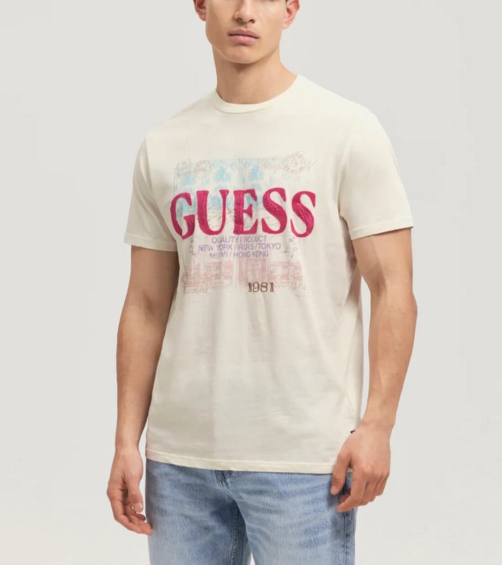 GUESS MEN Eco Beige World Stamps T-shirt MSRP $39 Size XXL