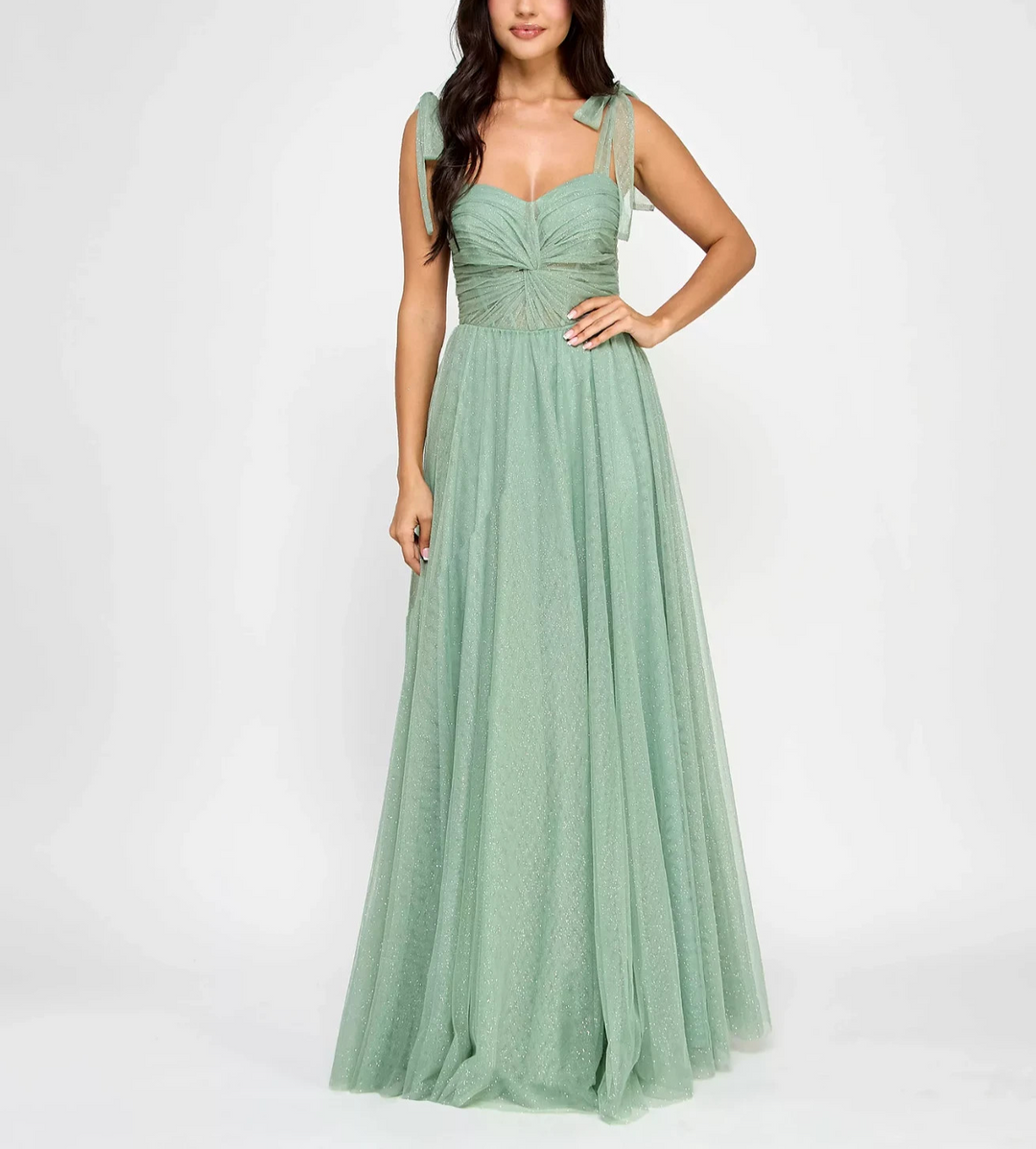 City Studios Juniors' Twist-Front Shoulder-Tie Glitter Gown MSRP $169