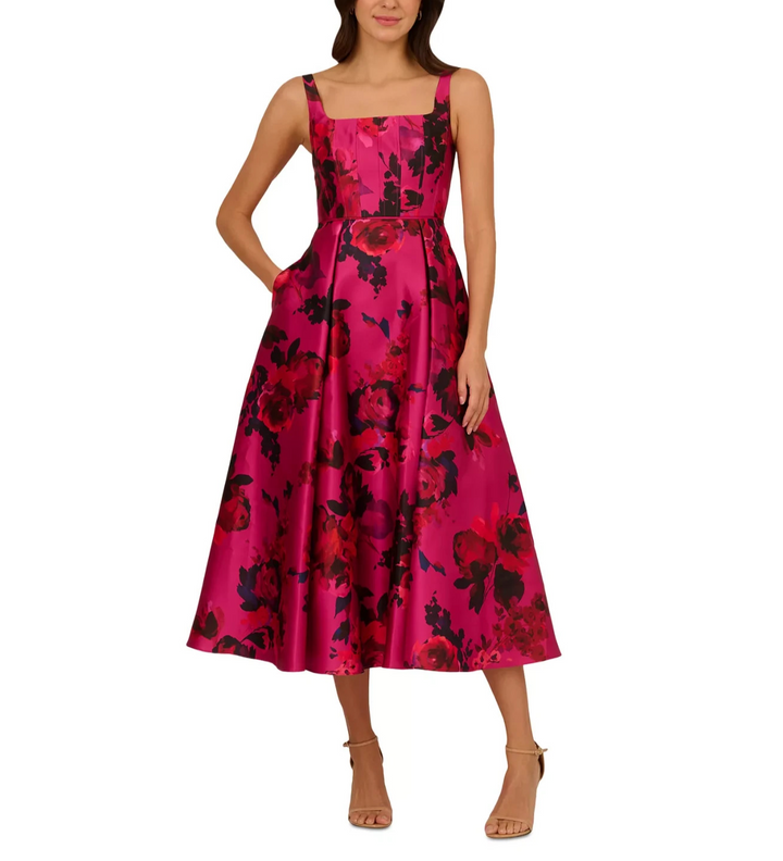 Adrianna Papell Women's Rose Jacquard Square-Neck Dress MSRP $229