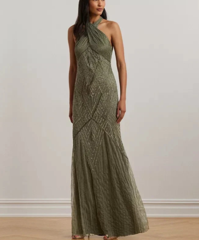 LAUREN RALPH LAUREN Beaded Mesh Sleeveless Halter Gown MSRP $595