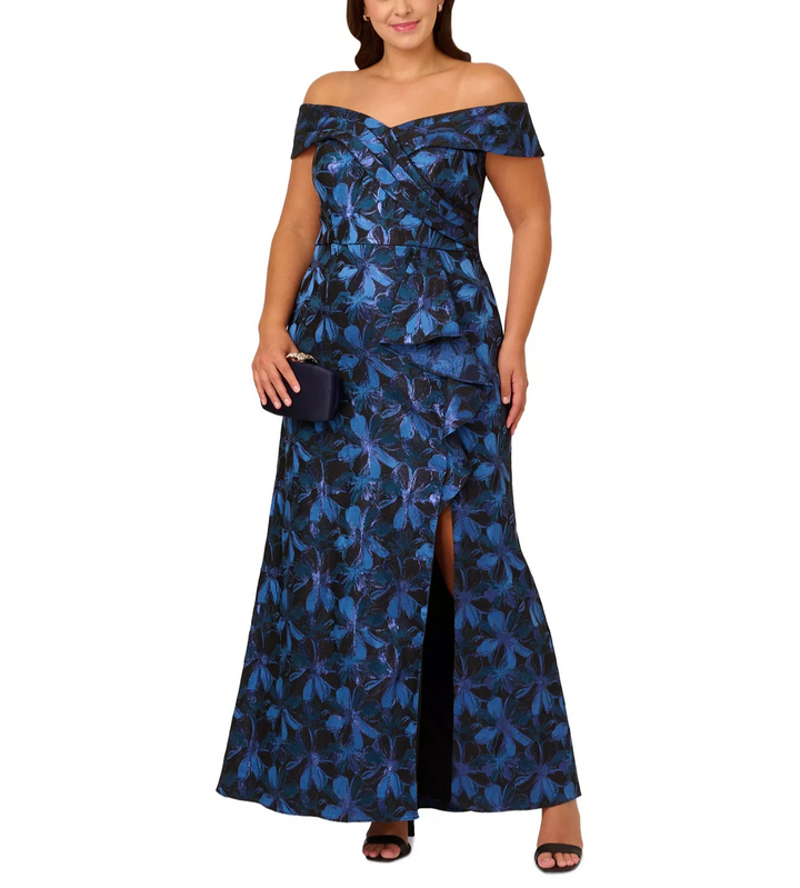Adrianna Papell Plus Size Floral Jacquard Off-The-Shoulder Gown MSRP $299