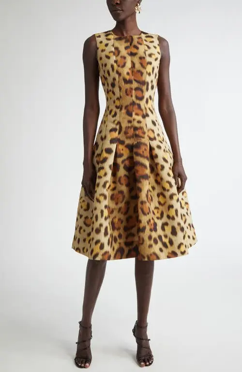 Oscar de la Renta Jaguar Print Pleated Faille Cocktail Dress MSRP $3690