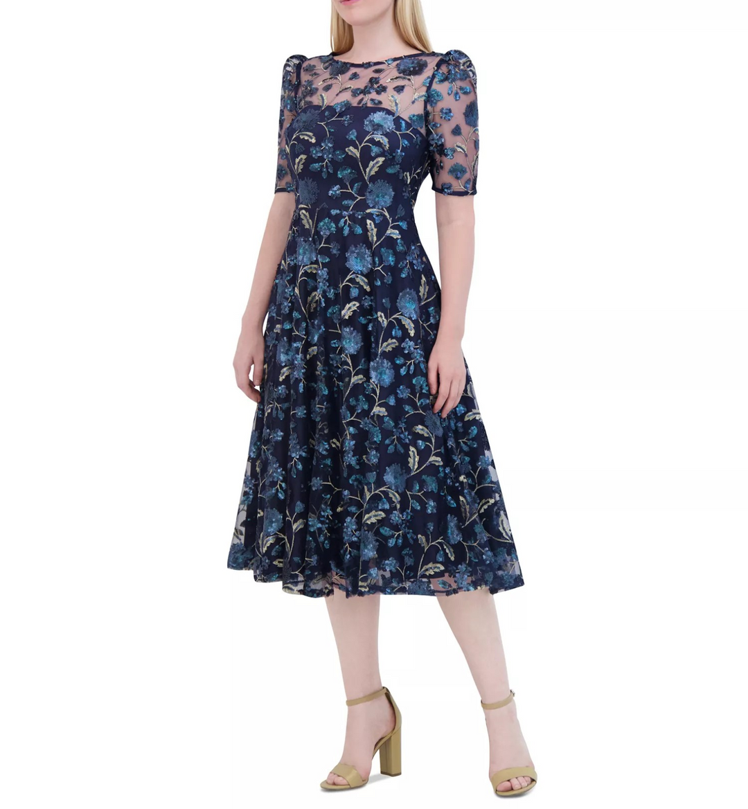 Eliza J Women's Floral Sequin Puff-Sleeve Fit & Flare Dress MSRP $298