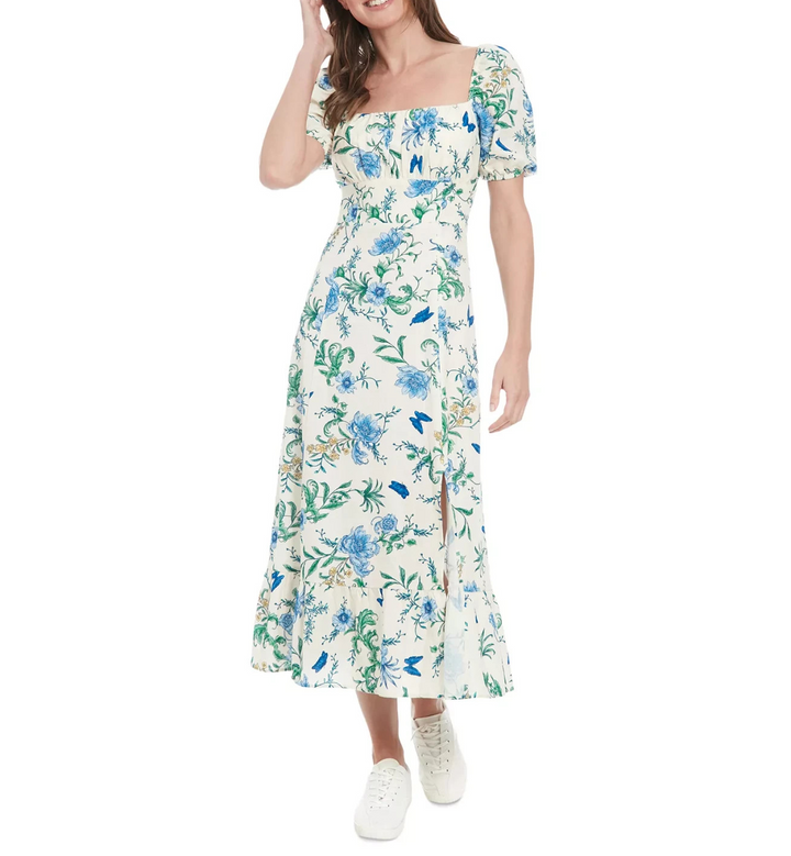 London Times Women's Floral-Print Puff-Sleeve Midi Dress MSRP $89