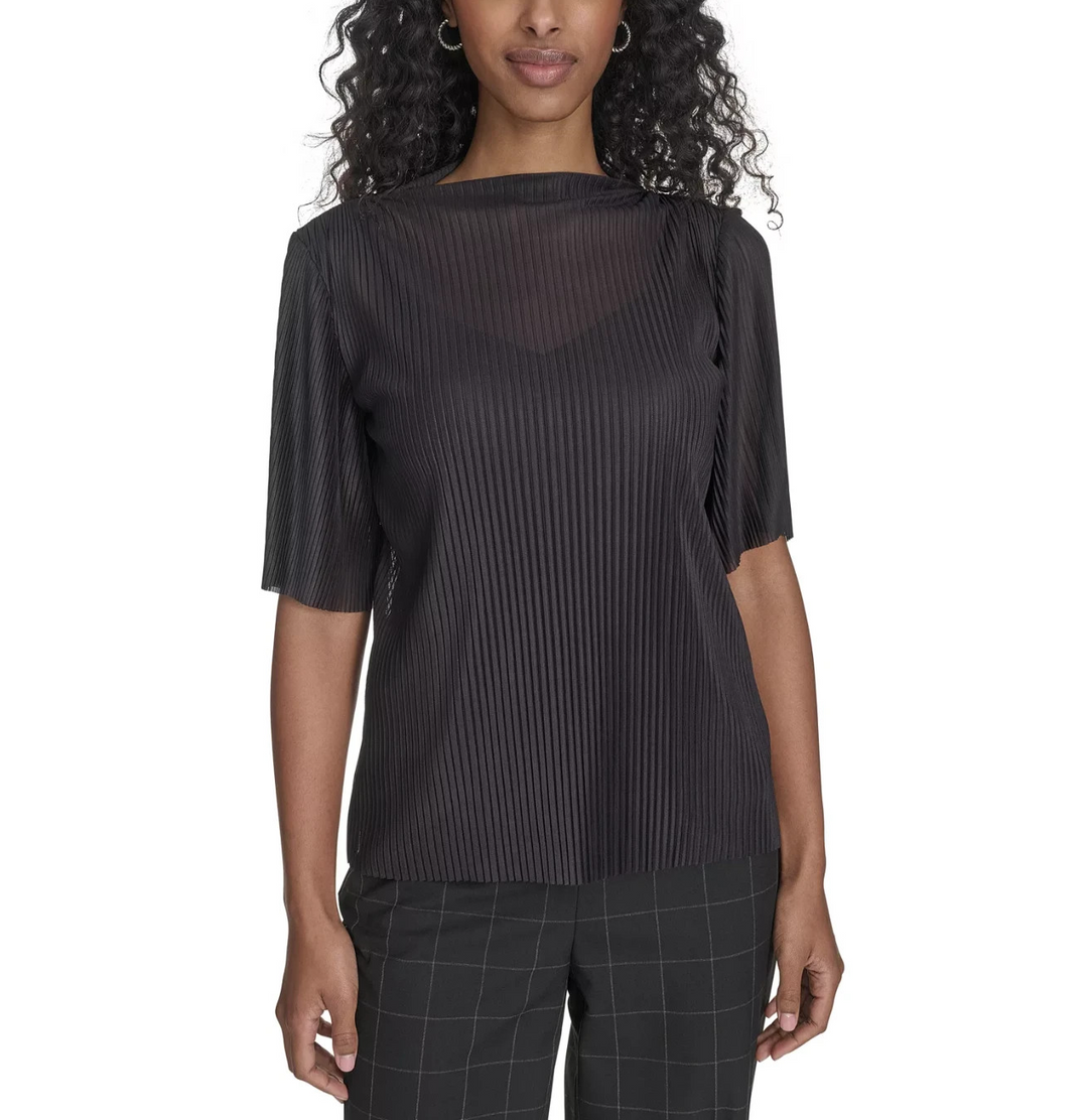 Calvin Klein Women's Mesh Elbow-Sleeve High-Neck Top MSRP $74