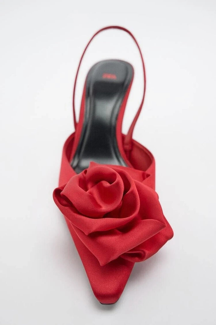 Zara Red Slingback Flower Floral Rosette Satin Pump Heels MSRP $89.90