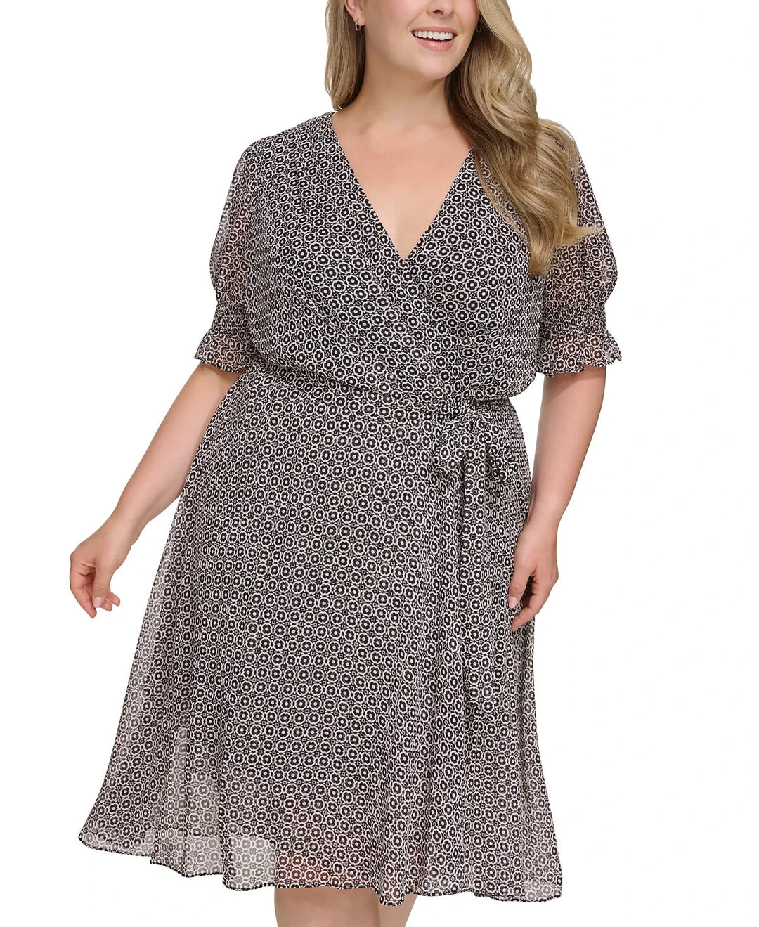 Tommy Hilfiger Printed Smocked-Sleeve Midi Dress MSRP $139