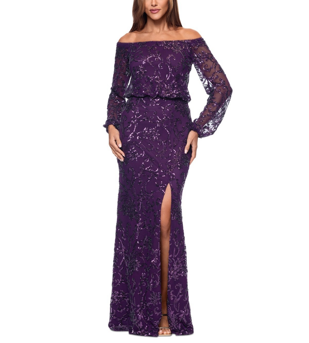 XSCAPE Sequined Off-The-Shoulder Long-Sleeve Gown MSRP $279