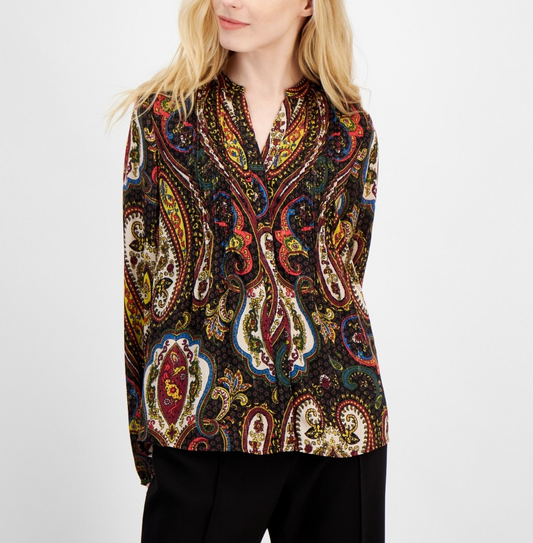 T Tahari Pleated Paisley-Print Blouse MSRP $78